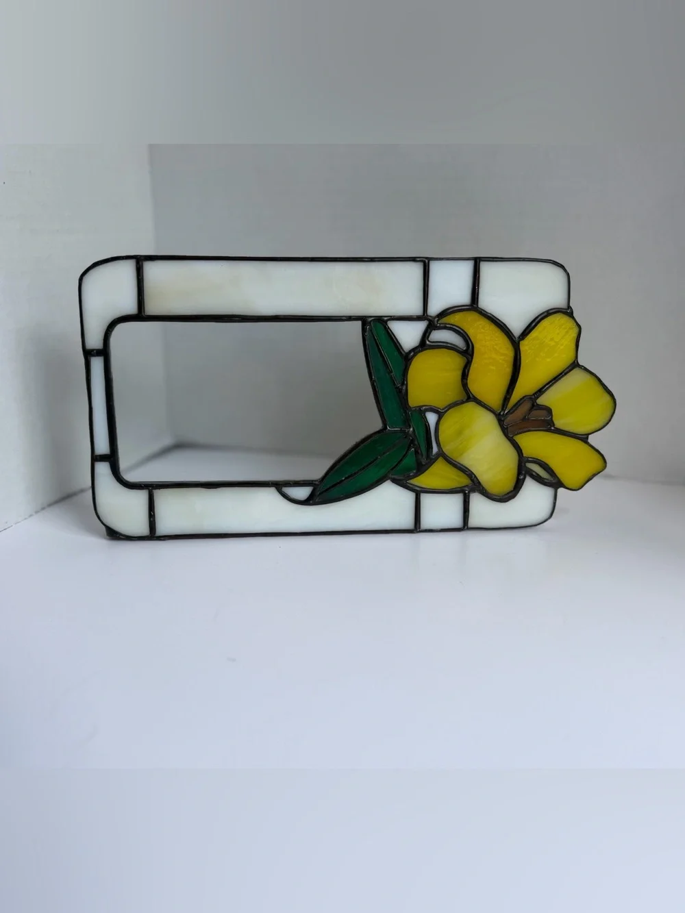 Stained Glass Tiffany Style Photo Frame 3x5 Lily Flower Floral White Yellow Vtg